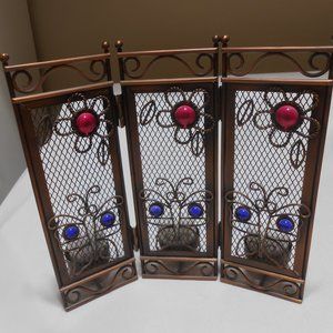 Vtg 3 set Votive Tea Lights Candle Holder Free Standing Metal w/ gems panels 🦋